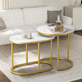 Oikiture Set of 2 Coffee Table Round Oval Marble-like Nesting Gold - Top-Down View