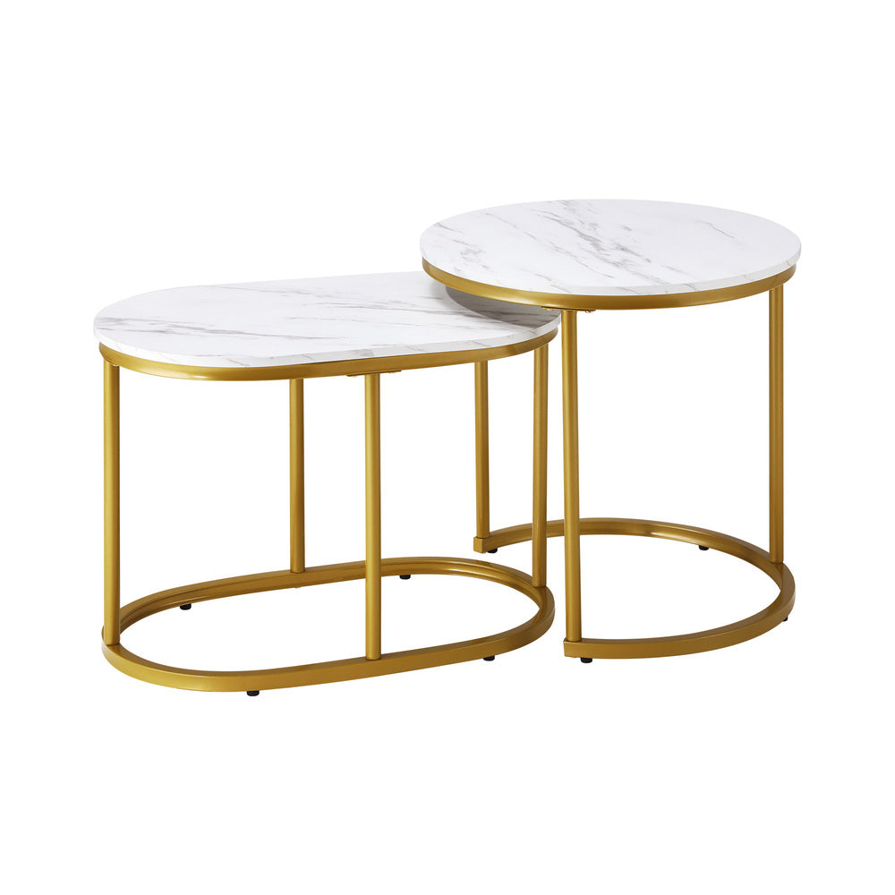 Oikiture Set of 2 Coffee Table Round Oval Marble-like Nesting Gold