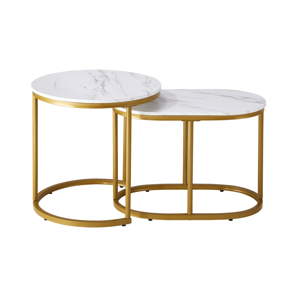 Oikiture Set of 2 Coffee Table Round Oval Marble-like Nesting Gold