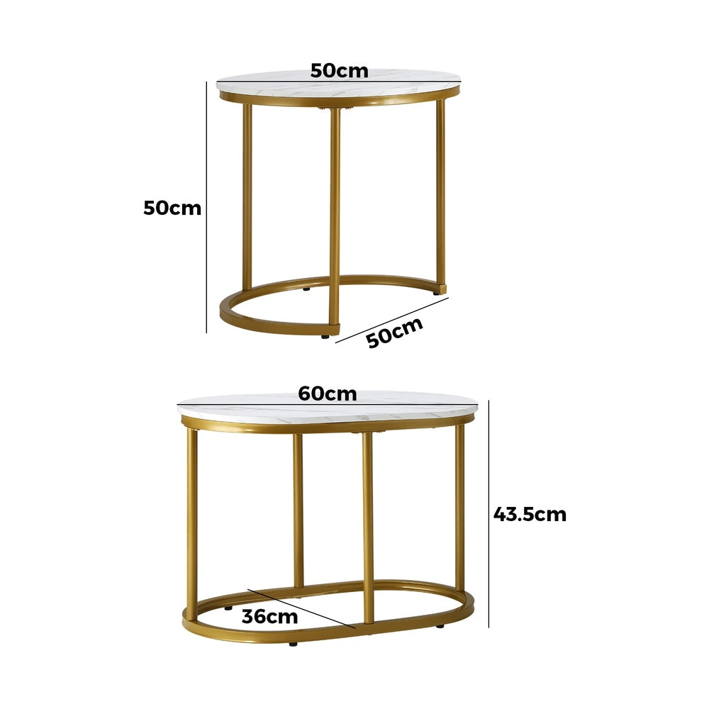 Oikiture Set of 2 Coffee Table Round Oval Marble-like Nesting Gold