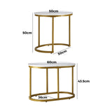 Oikiture Set of 2 Coffee Table Round Oval Marble-like Nesting Gold - Front View