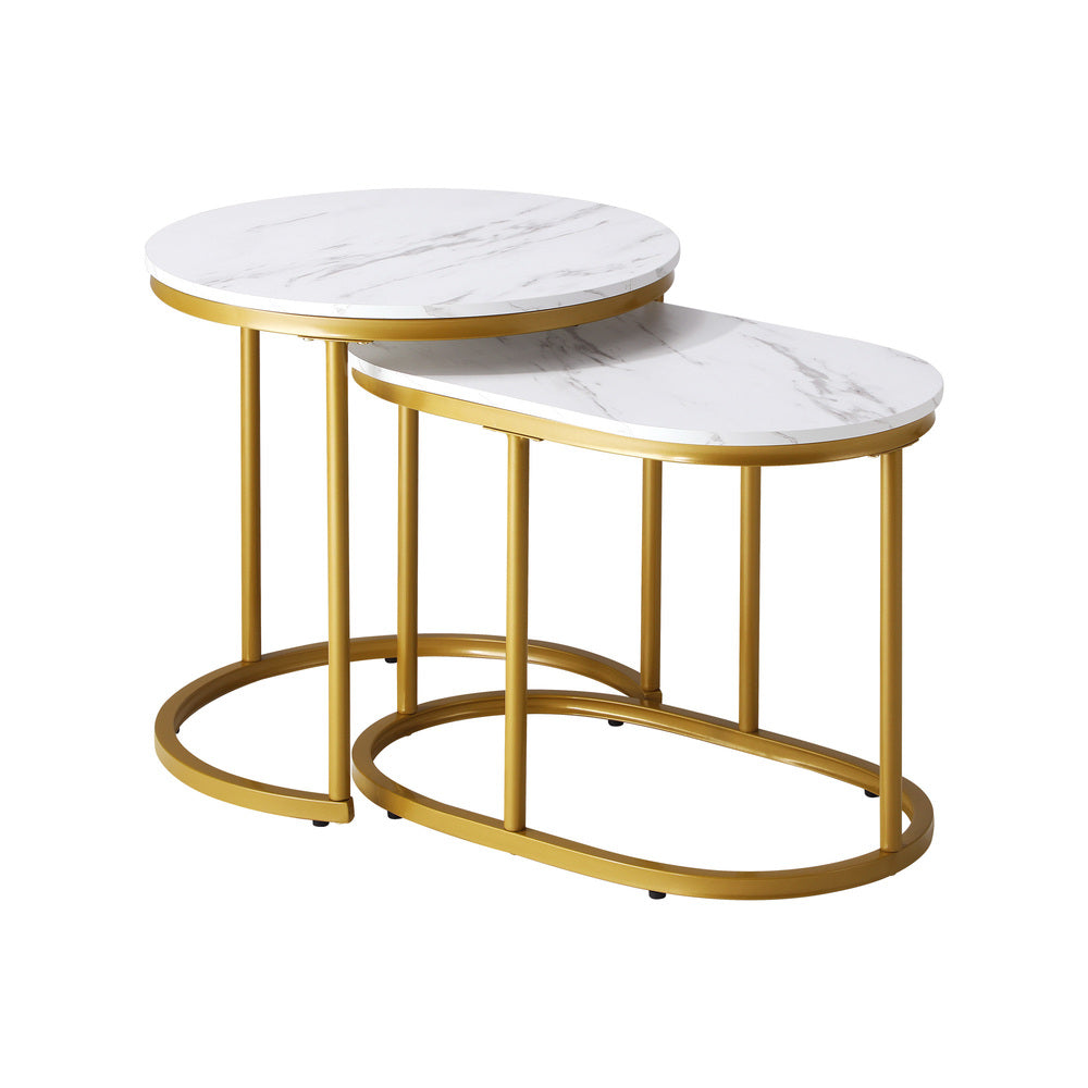 Oikiture Set of 2 Coffee Table Round Oval Marble-like Nesting Gold