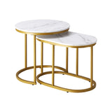 Oikiture Set of 2 Coffee Table Round Oval Marble-like Nesting Gold - Rear View