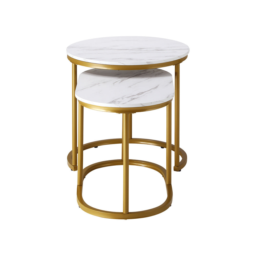 Oikiture Set of 2 Coffee Table Round Oval Marble-like Nesting Gold