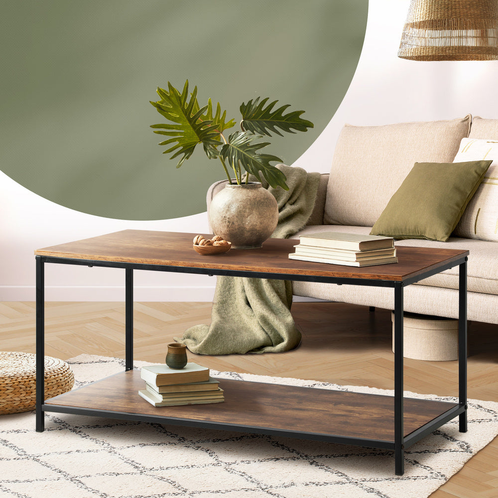 Oikiture Coffee Table Storage Rack 2-Tier Black&Walnut