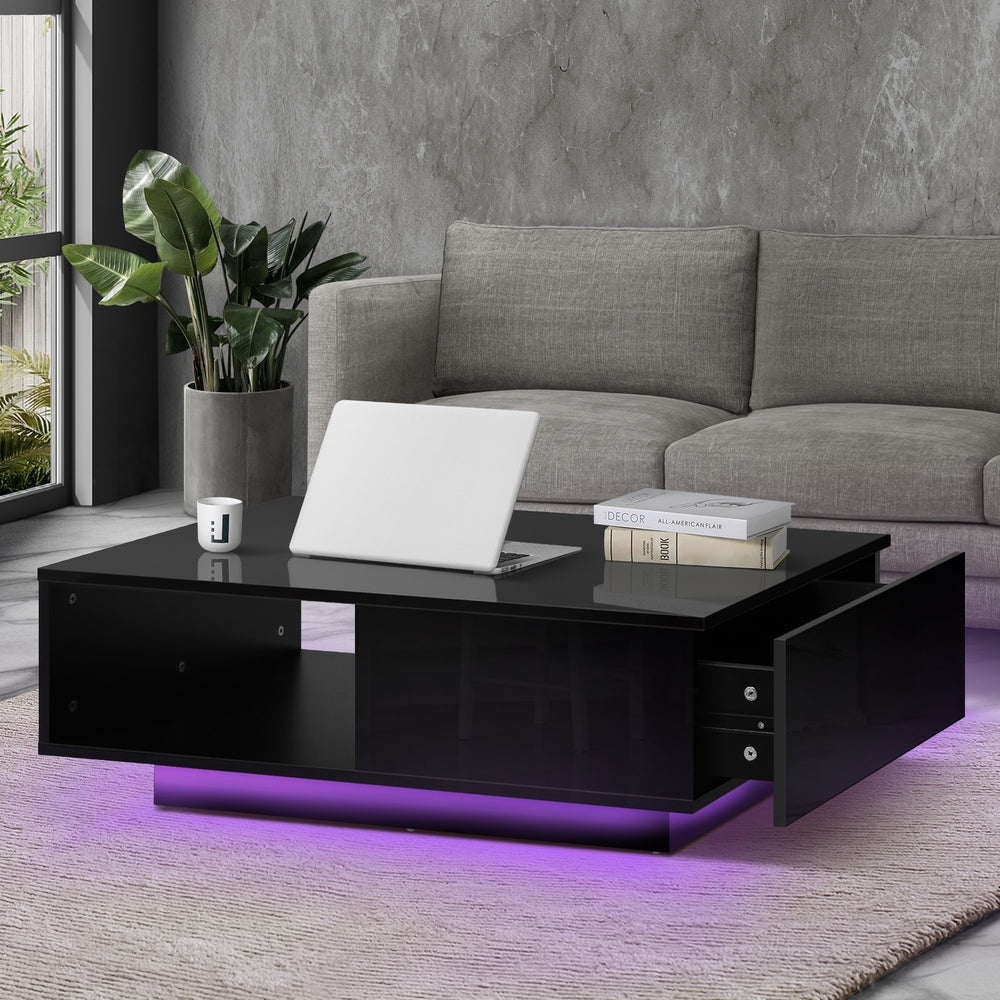 Oikiture Coffee Table LED High Gloss Storage Drawer Black