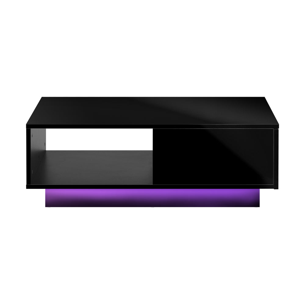Oikiture Coffee Table LED High Gloss Storage Drawer Black