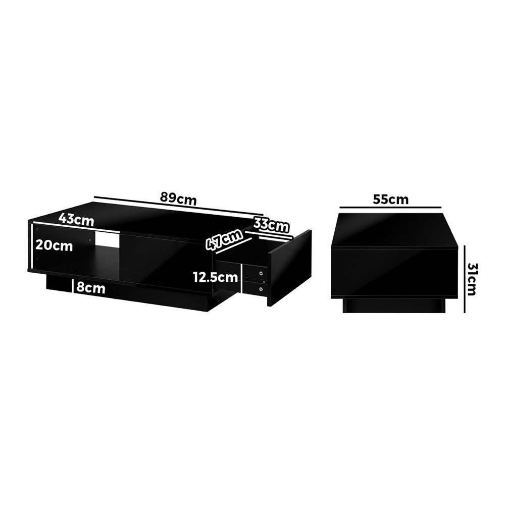 Oikiture Coffee Table LED High Gloss Storage Drawer Black