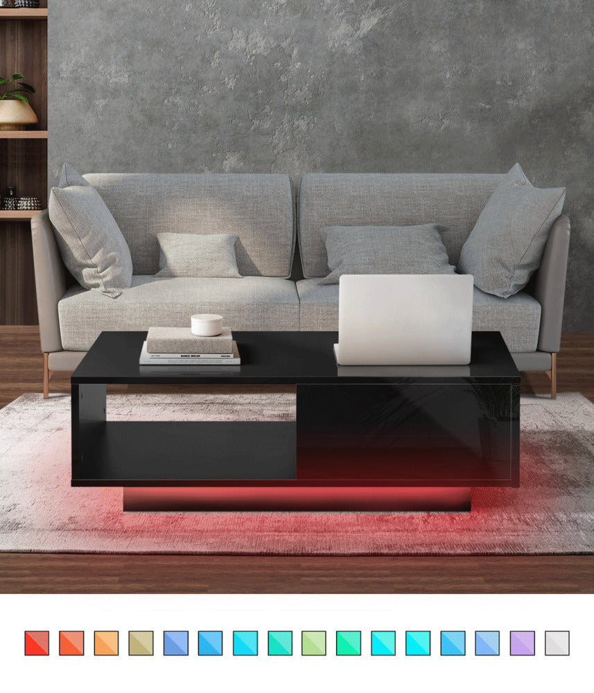 Oikiture Coffee Table LED High Gloss Storage Drawer Black