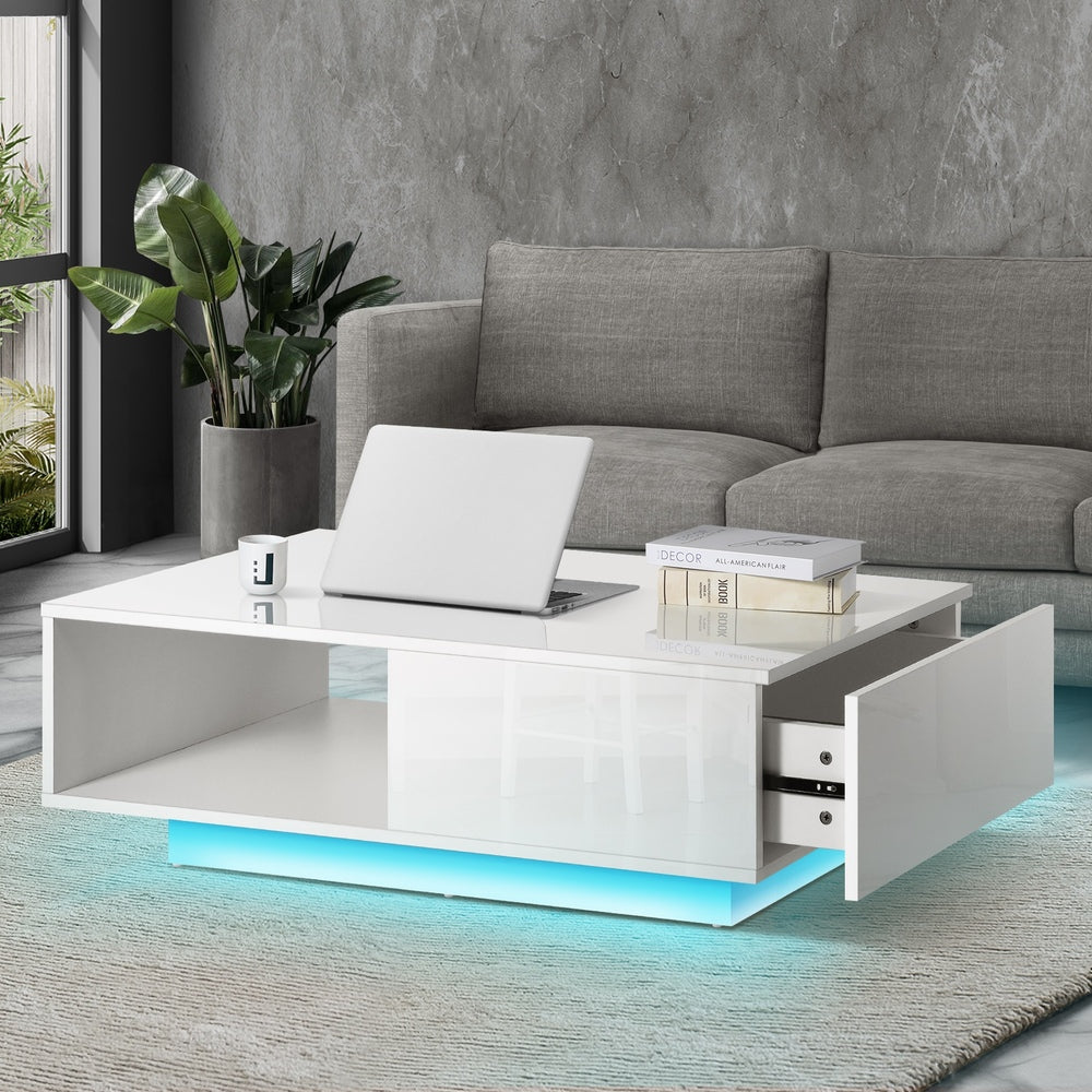 Oikiture Coffee Table LED High Gloss Storage Drawer White