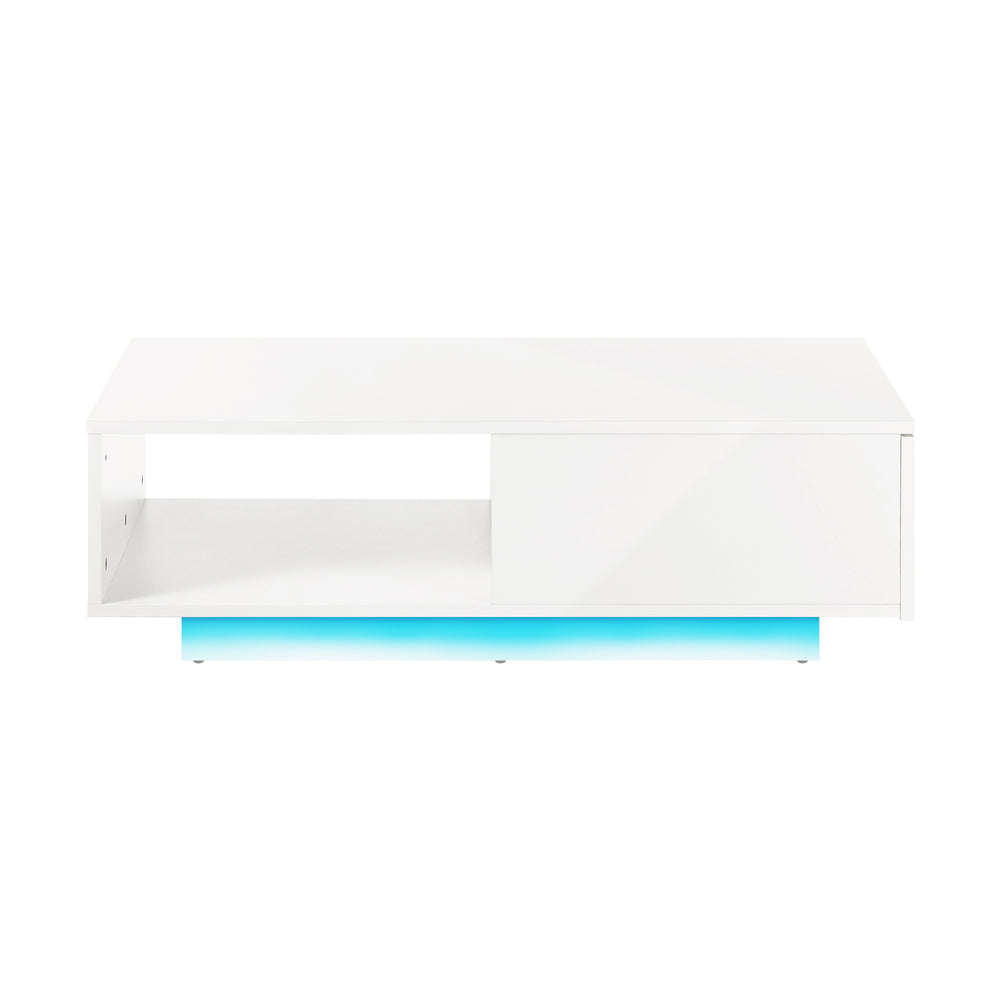 Oikiture Coffee Table LED High Gloss Storage Drawer White