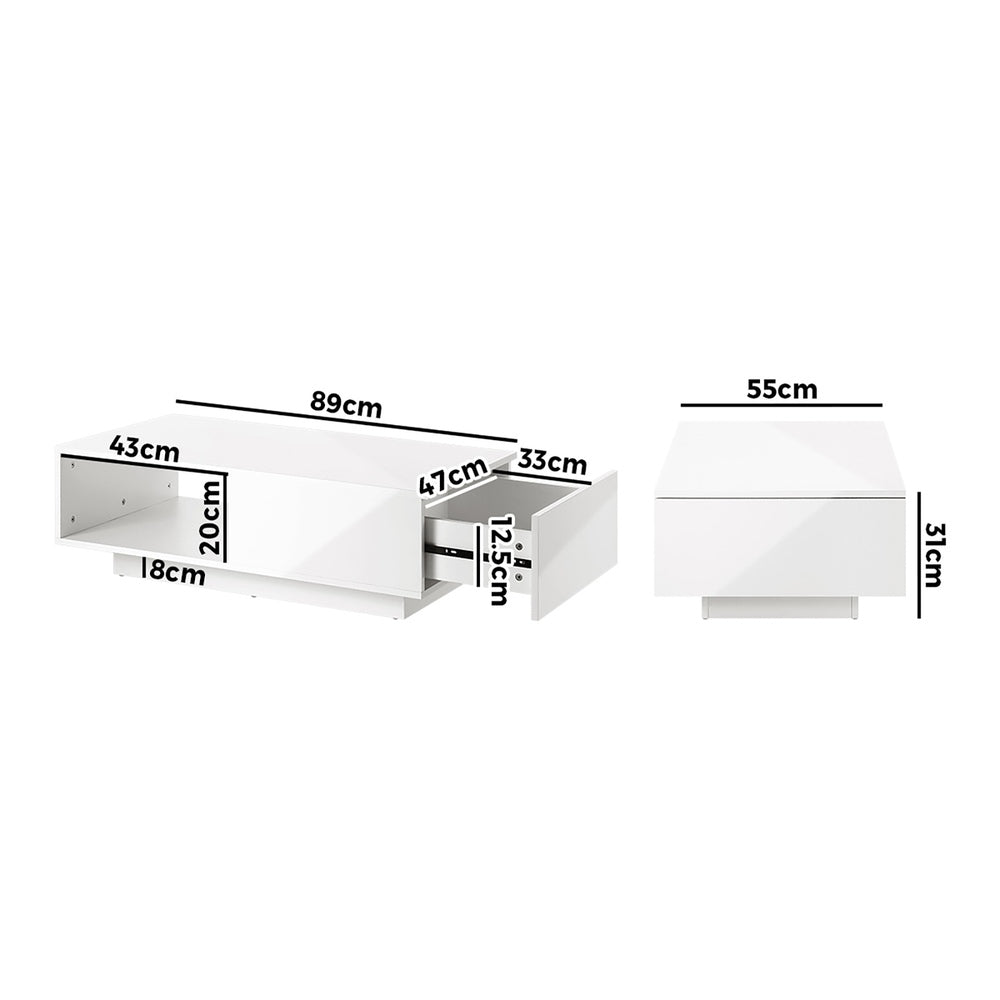Oikiture Coffee Table LED High Gloss Storage Drawer White