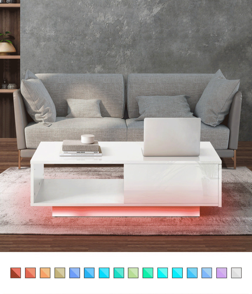 Oikiture Coffee Table LED High Gloss Storage Drawer White