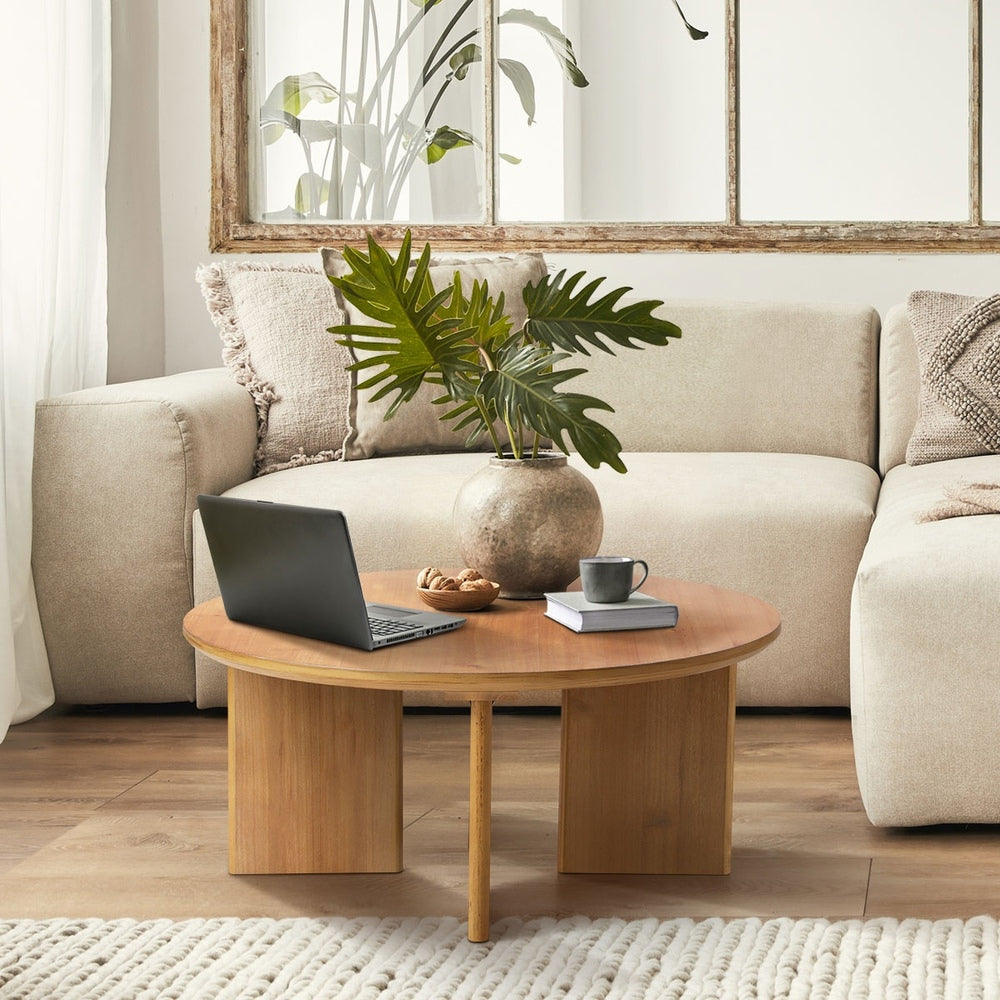 Oikiture Coffee Table Round Side End Tables Wooden Natural