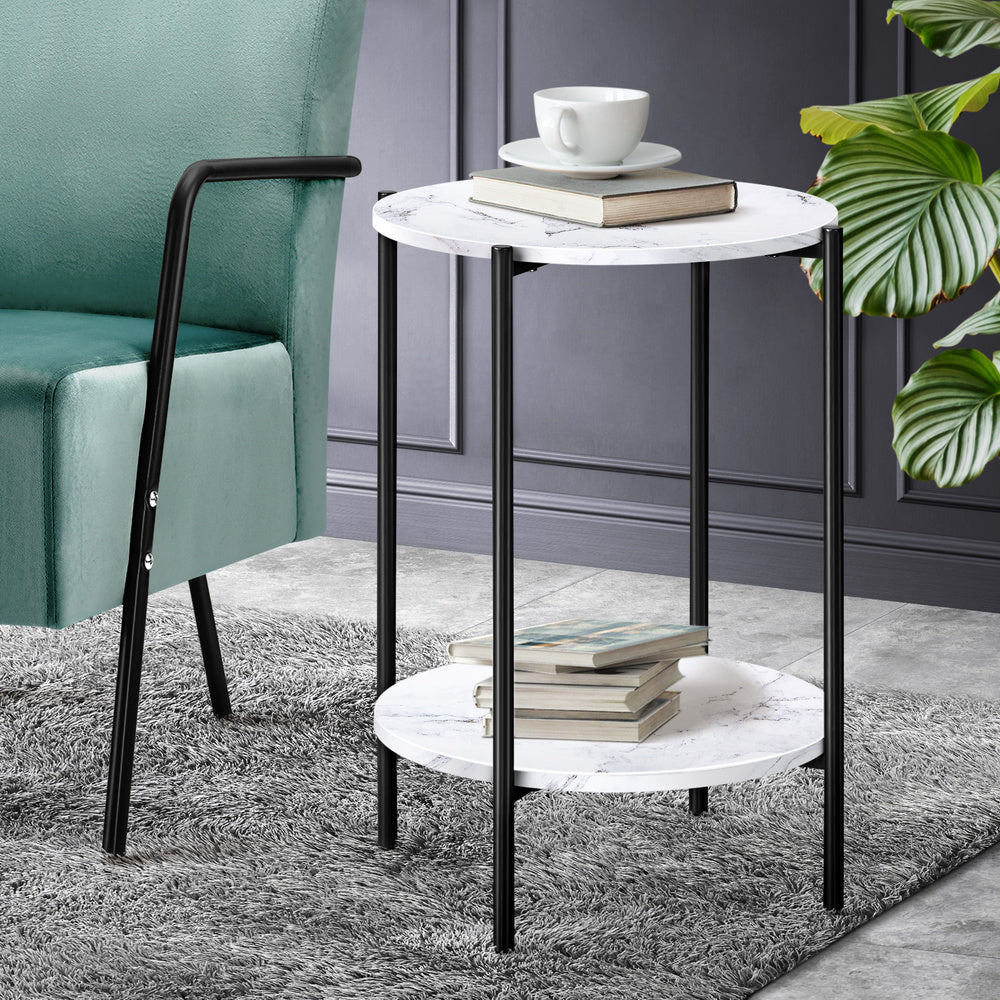 Oikiture Coffee Table Round Dual-Tier Marble-like