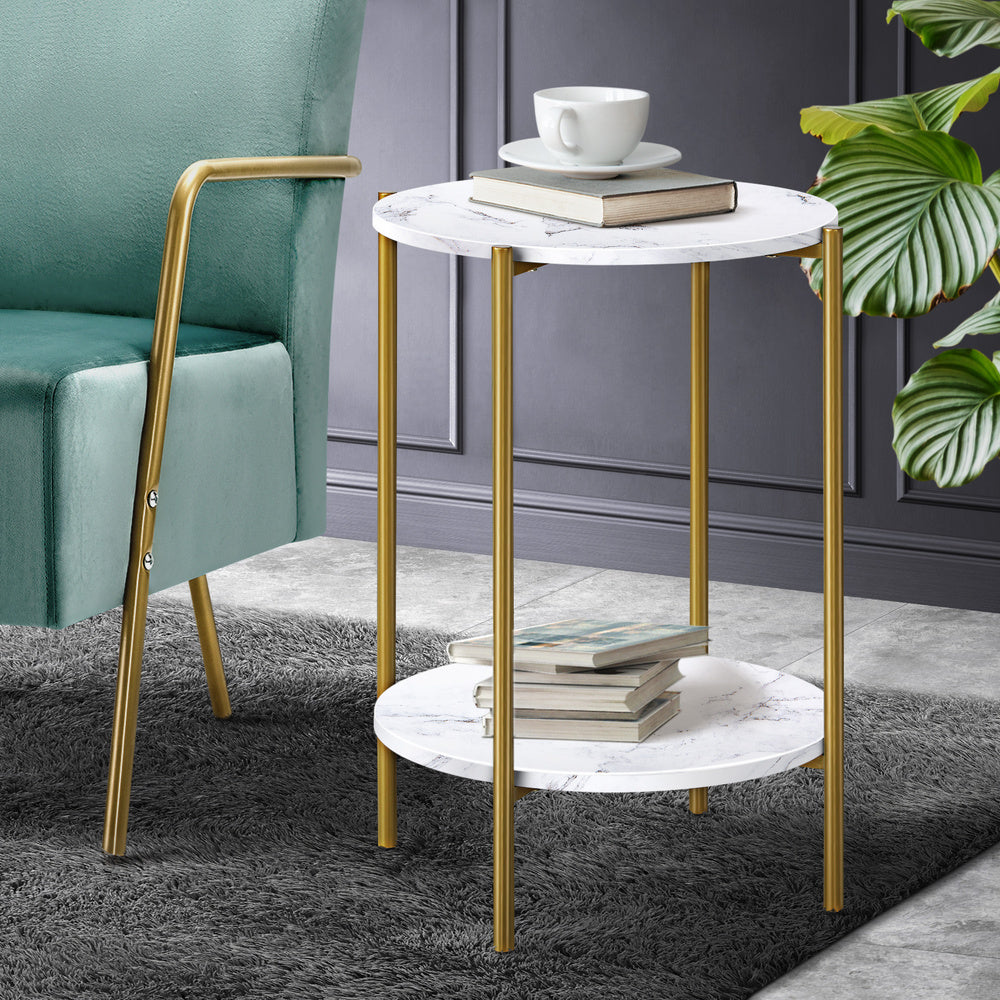 Oikiture Round Coffee Table 2 Tier Marble-like Top Metal Gold Frame