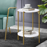 Oikiture Round Coffee Table 2 Tier Marble-like Top Metal Gold Frame
