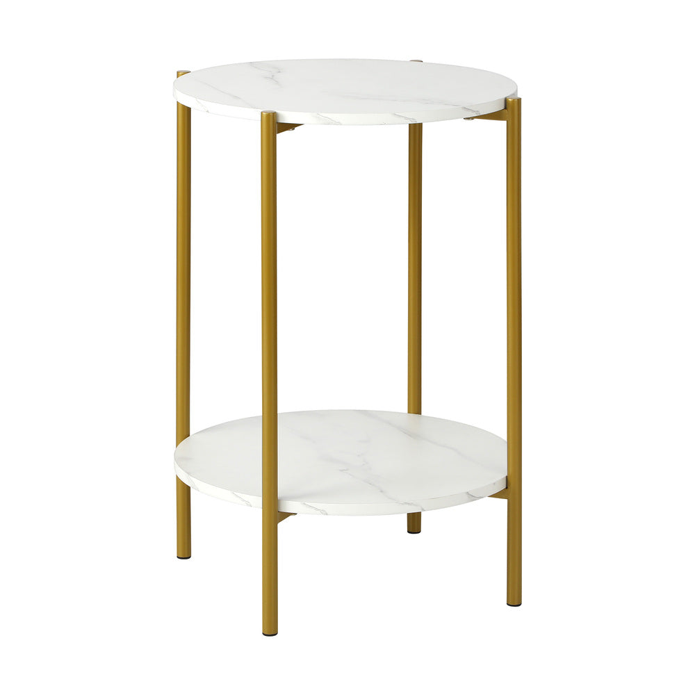 Oikiture Round Coffee Table 2 Tier Marble-like Top Metal Gold Frame