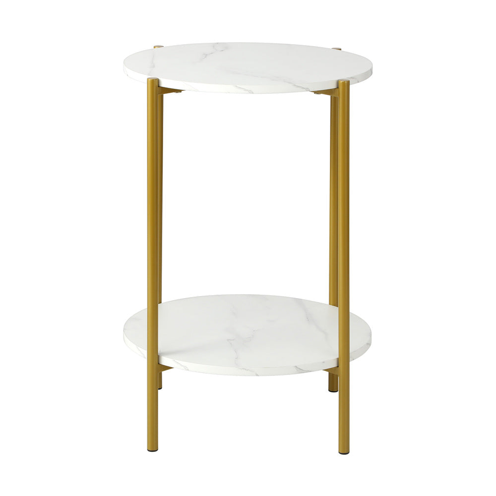 Oikiture Round Coffee Table 2 Tier Marble-like Top Metal Gold Frame