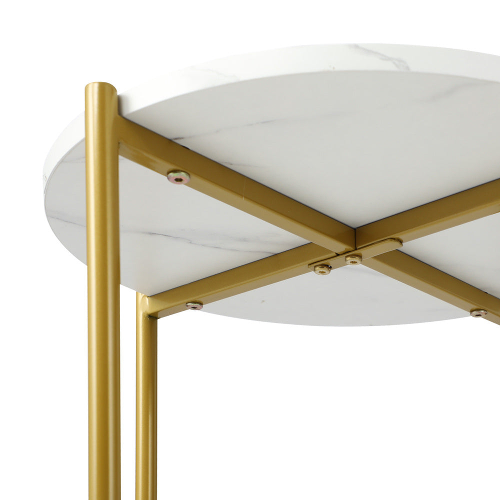 Oikiture Round Coffee Table 2 Tier Marble-like Top Metal Gold Frame