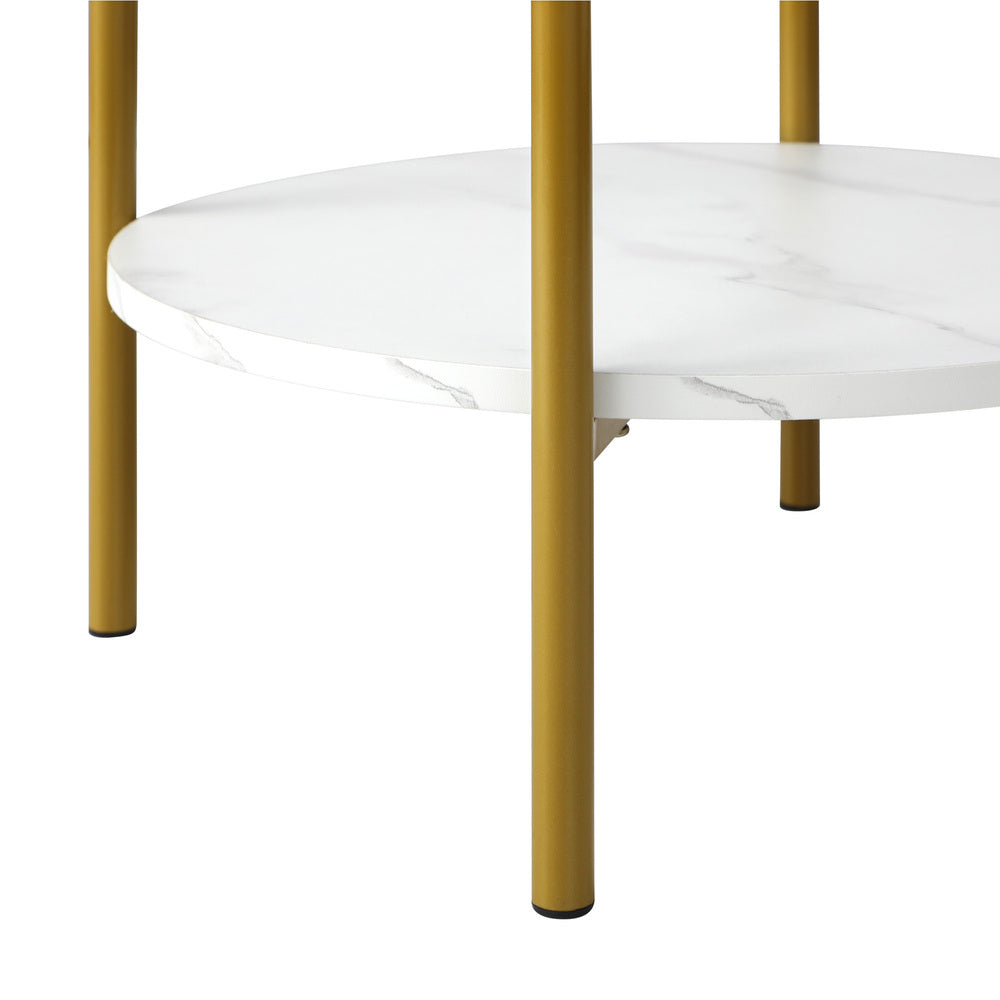Oikiture Round Coffee Table 2 Tier Marble-like Top Metal Gold Frame
