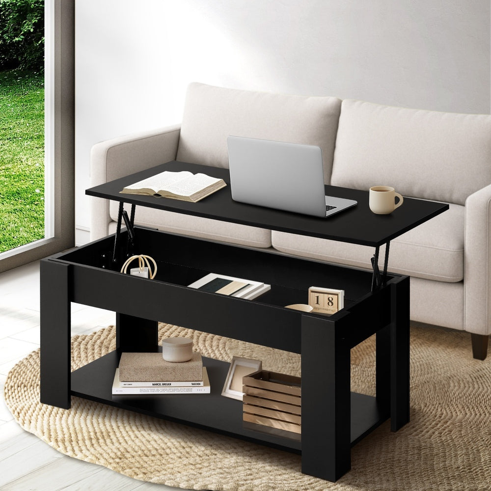 Oikiture Coffee Table with Lift Up Top Storage Space Wooden Black