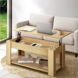 Oikiture Coffee Table with Lift Up Top Storage Space Wooden Beige