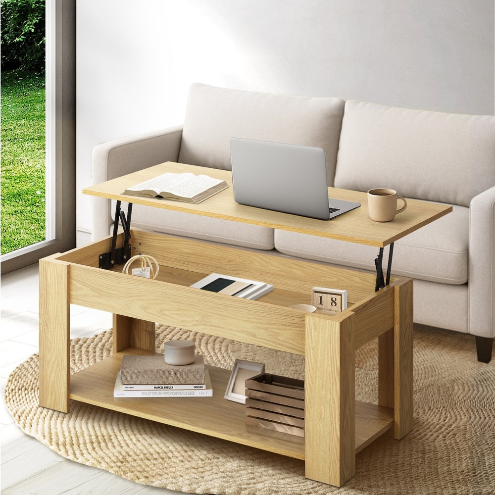Oikiture Coffee Table with Lift Up Top Storage Space Wooden Beige