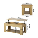 Oikiture Coffee Table with Lift Up Top Storage Space Wooden Beige - Top-Down View