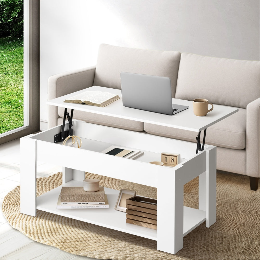 Oikiture Coffee Table with Lift Up Top Storage Space Wooden White