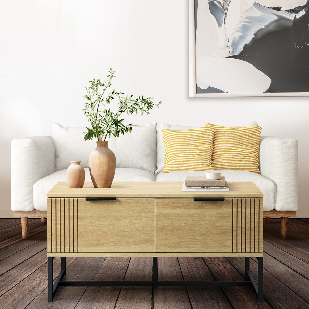 Oikiture Coffee Table with Storage Drawers Wooden Natural
