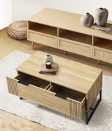 Oikiture Coffee Table with Storage Drawers Wooden Natural