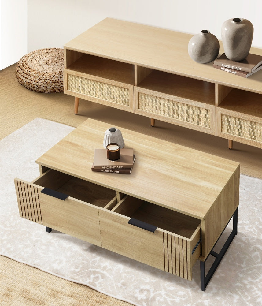 Oikiture Coffee Table with Storage Drawers Wooden Natural