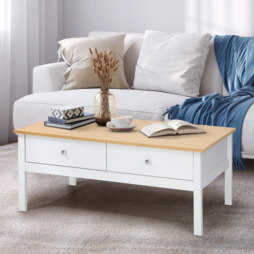 Oikiture Coffee Table Storage Drawers Natural White