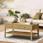 Oikiture Coffee Table with Storage Drawers Open Shelving Natural