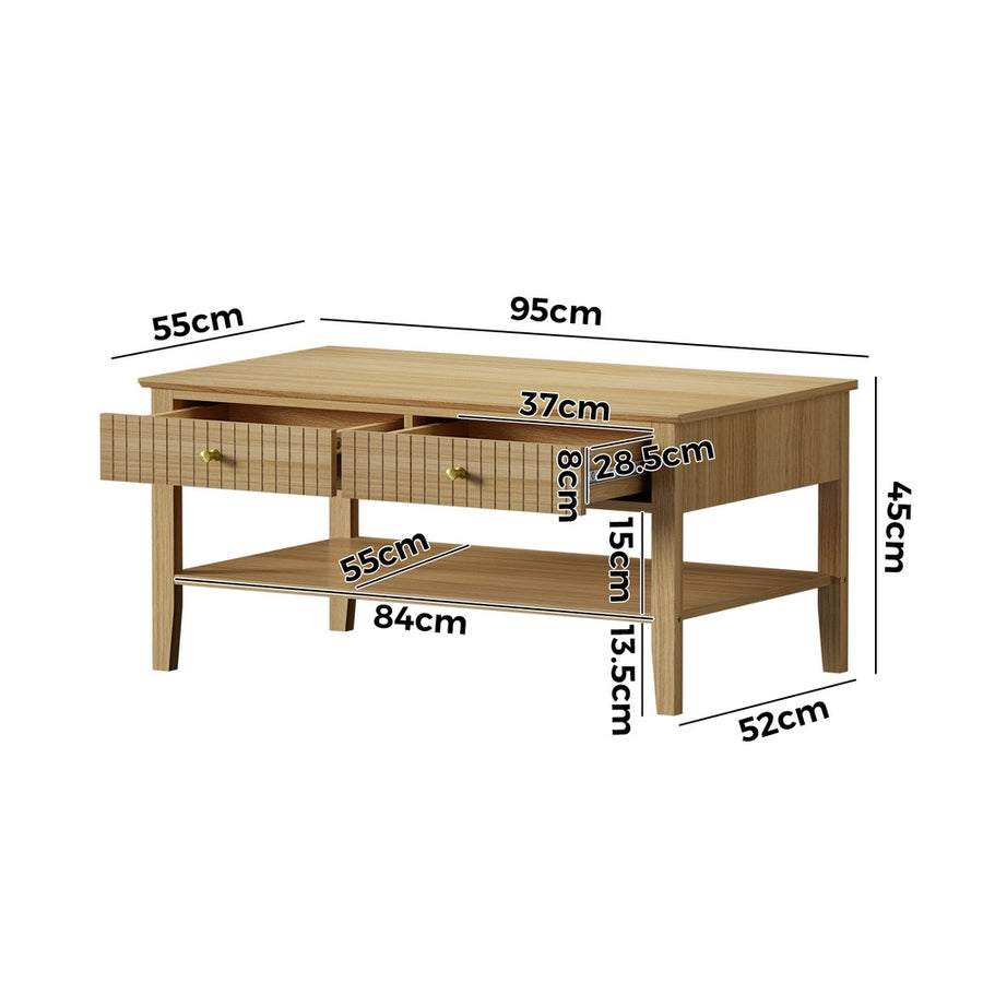 Oikiture Coffee Table with Storage Drawers Open Shelving Natural