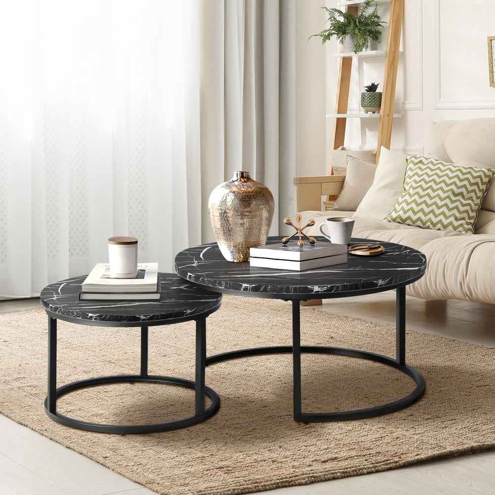 Oikiture Set of 2 Nesting Coffee Table Round Marble Black