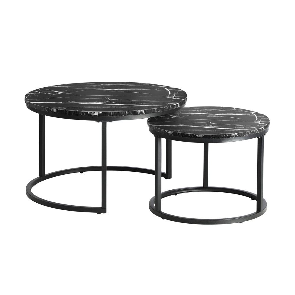 Oikiture Set of 2 Nesting Coffee Table Round Marble Black