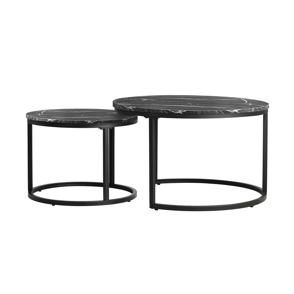 Oikiture Set of 2 Nesting Coffee Table Round Marble Black