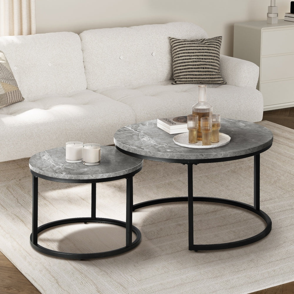 Oikiture Set of 2 Nesting Coffee Table Round Marble-like Grey & Black