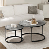 Oikiture Set of 2 Nesting Coffee Table Round Marble-like Grey & Black - Close-Up Angle