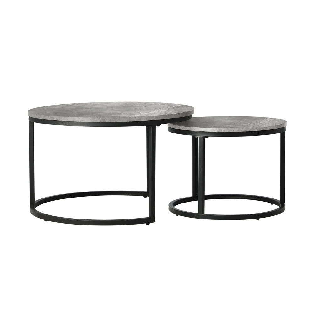 Oikiture Set of 2 Nesting Coffee Table Round Marble-like Grey & Black