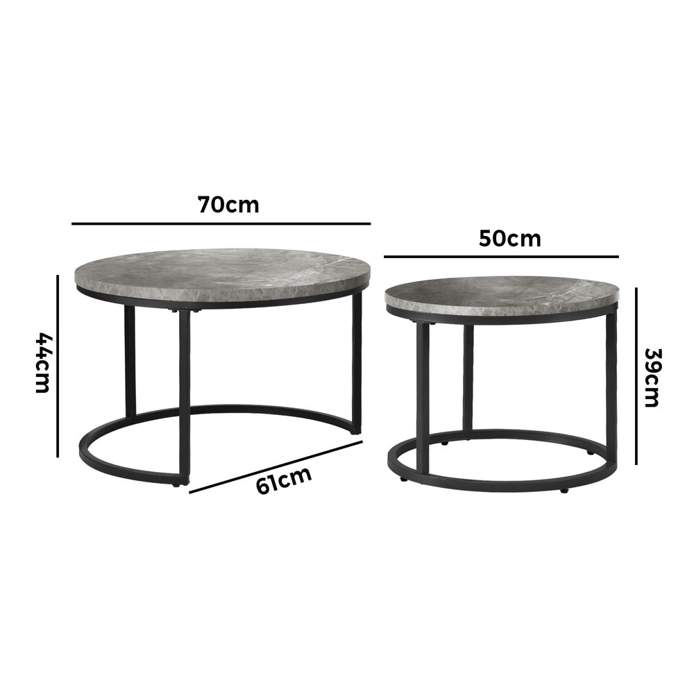 Oikiture Set of 2 Nesting Coffee Table Round Marble-like Grey & Black