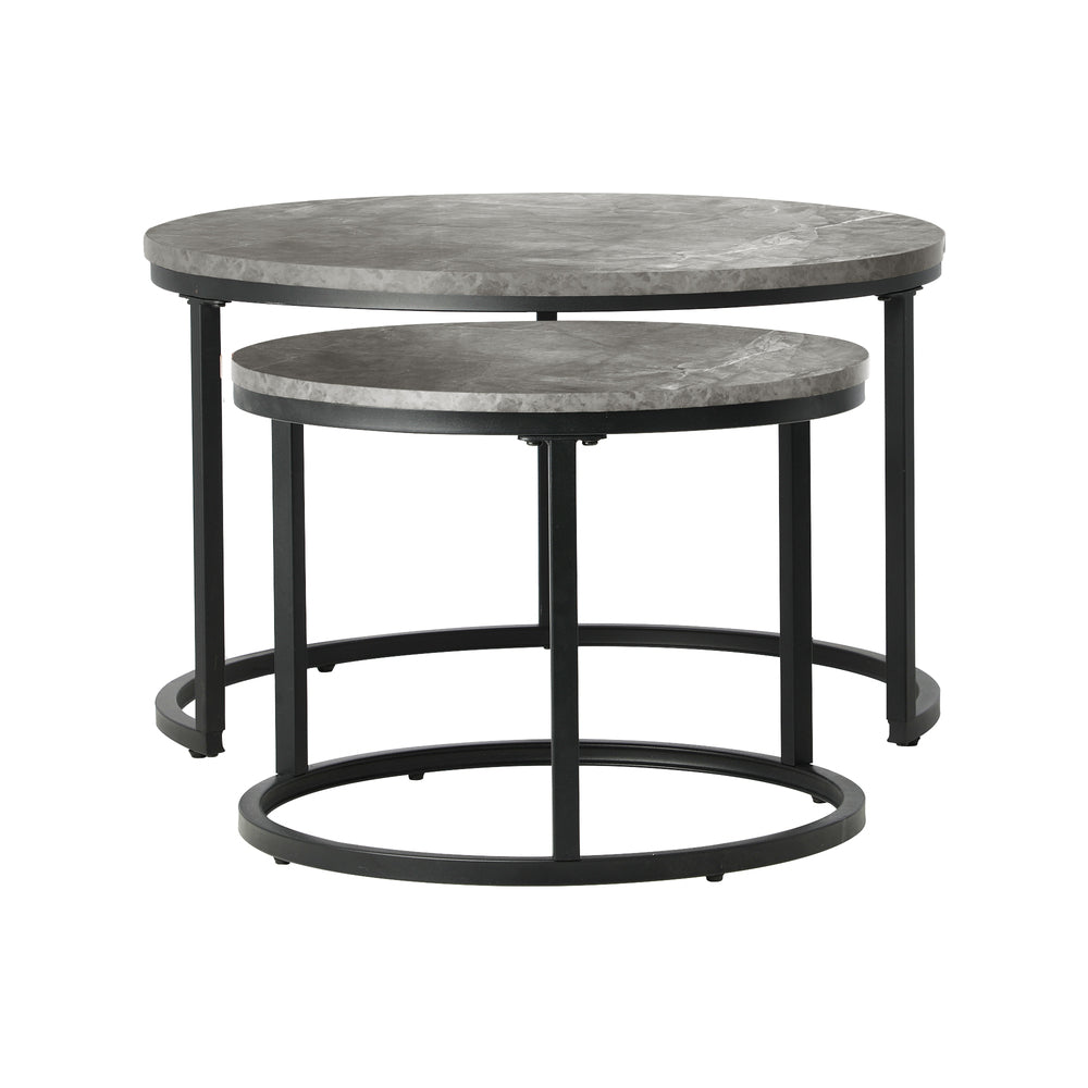Oikiture Set of 2 Nesting Coffee Table Round Marble-like Grey & Black