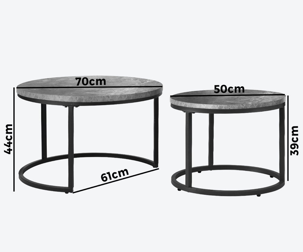Oikiture Set of 2 Nesting Coffee Table Round Marble-like Grey & Black