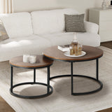 Oikiture Set of 2 Nesting Coffee Table Round Walnut&Black - Close-Up Angle