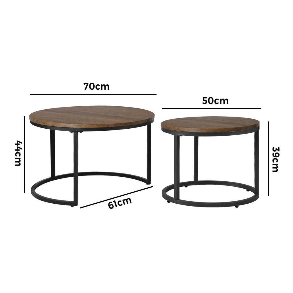 Oikiture Set of 2 Nesting Coffee Table Round Walnut&Black