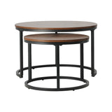 Oikiture Set of 2 Nesting Coffee Table Round Walnut&Black - Rear View