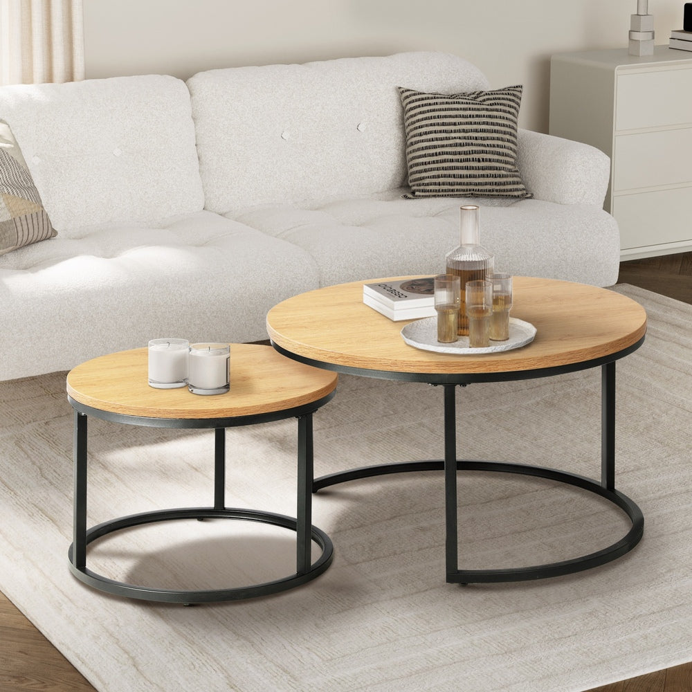 Oikiture Set of 2 Nesting Coffee Table Round Natural