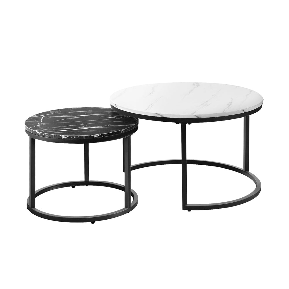 Oikiture Set of 2 Coffee Table Round Nesting White & Black